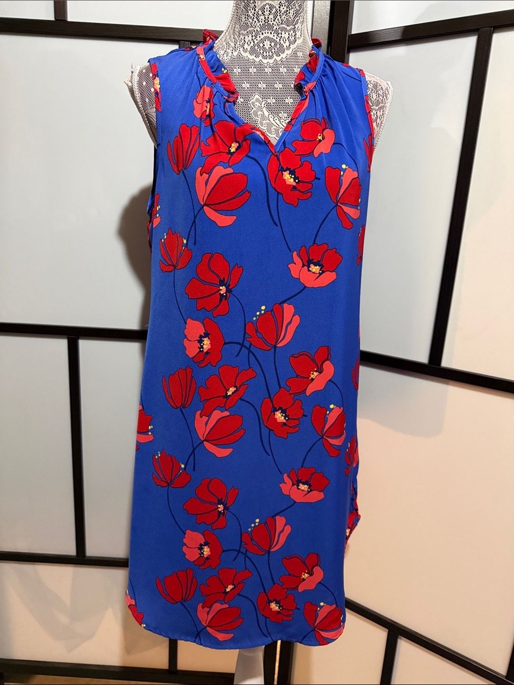 Market & Spruce Royal Blue Mini Dress with Red Floral Print